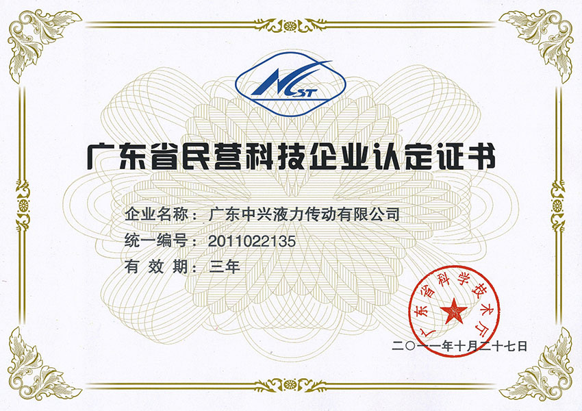 2011年廣東省民營科技企業認定證書